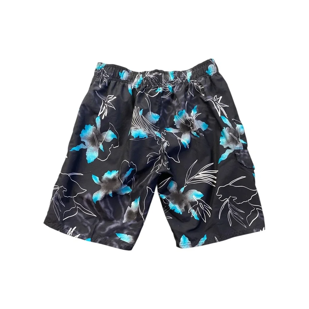 Kanu Men's Black Blue Floral Swim Trunks‎ Shorts M Cargo Pocket Drawstring Waist